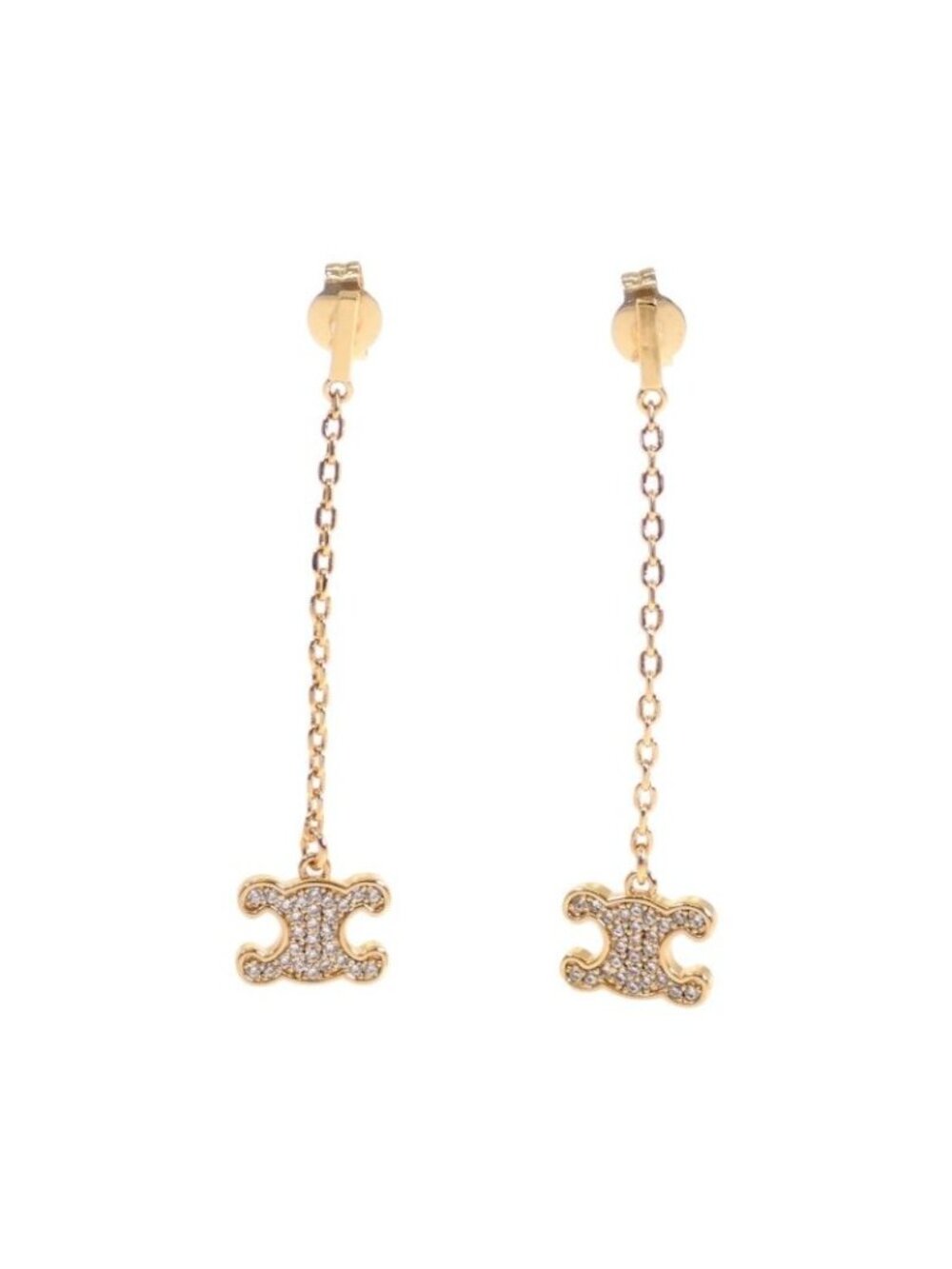 Celine Triomphe Rhinestone Long Earrings Genus Metal Gold